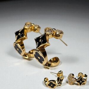 Luxury 18k Gold Plated Clover Flower Blossom Zircon Crystal Onyx Hoops Earrings